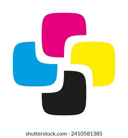Icono de la cruz de la ardilla de corte de la esquina CMYK. Una disposición de cuadrados curvos y redondeados. Aislado sobre un fondo blanco.