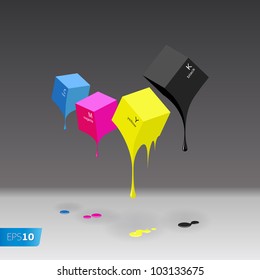 CMYK cubes with blobs on grey background, vector EPS 10 illustration.