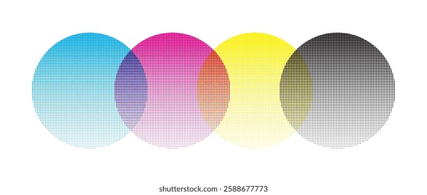 CMYK dot pattern background. Halftone dotted prepress color ink texture. Vector abstract printed production design. Bitmap pop art banner bg. Postscript rip chart illustration