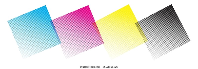 CMYK dot pattern background. Halftone dotted prepress color ink texture. Vector abstract printed production design. Bitmap pop art banner bg. Postscript rip chart illustration