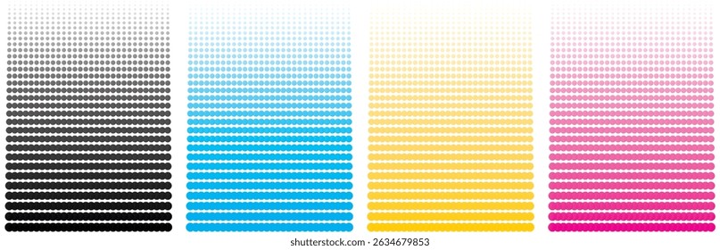 CMYK dot pattern background. Halftone dotted prepress color ink texture. Vector abstract printed production design. Bitmap pop art banner bg. Postscript rip chart illustration