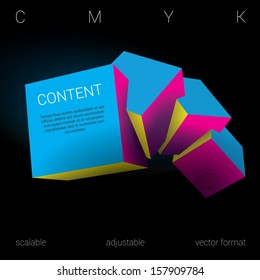 Cmyk edition of a scalable adjustable eps10 3d vector abstract geometric minimal composition of four  isolated three dimensional squares in empty space as a web design element or for universal use