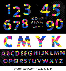 cmyk font typeface. Made from overlayed Cyan Magenta and Yellow. Figures 1, 2, 3, 4 5 6 7 8 9 0 Made from overlayed Cyan Magenta and Yellow