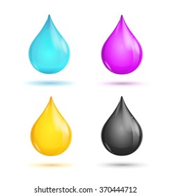 CMYK Glossy Paint Drops on White Background. Vector illustration