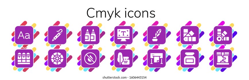 cmyk icon set. 14 filled cmyk icons.  Simple modern icons such as: Typography, Cartridge, 3d printing pen, Color wheel, Inks, Ink, Plotter, Pantone, Printing