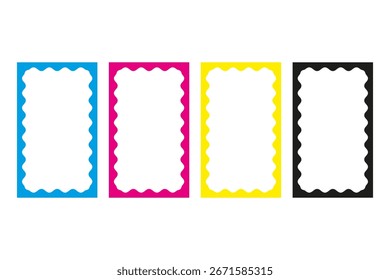 CMYK inner squiggle tall rectangle frames. Colourful rectangular border shapes with wavy inside edges. Isolated on a white background.