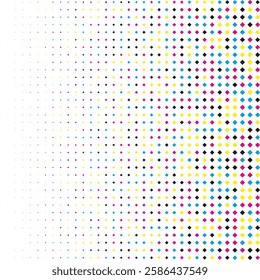 CMYK linear gradient halftone diagonal squares. An arrangement of colourful shapes that change in size.