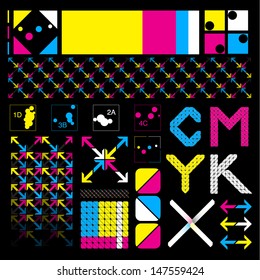 CMYK logo design elements Set with custom typography and icons, arrows and shapes