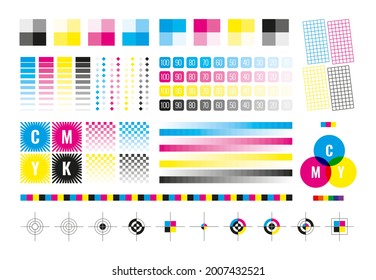 Cmyk marks. Colorful bars for color divices calibration printing house paper templates cyan yellow black garish vector illustrations collection