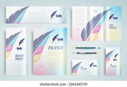 Cmyk polygraphy theme Cover colored feather pen Set flyer cover, tri-fold, banner, roll up banner, business card