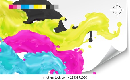 CMYK polygraphy, typography, offset set symbols and colors splash paint in vector. Printing logo and background. Paper, cut marks, color mixing, color wheel gradient, prepress.