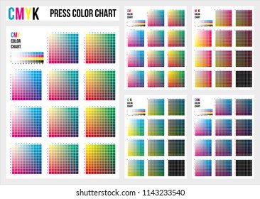 CMYK press color chart. CMYK process printing match. Cyan, magenta, yellow, black are base colors and others has been created combining them. To use in prepress and the press to choose color samples