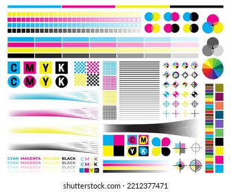 CMYK Print Calibration Illustration with Offset Printing Marks and Color Tests