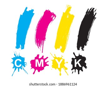 CMYK print colors, exclamation marks, splatters.
Illustration of four expressive exclamation marks with CMYK lettering. Concept for presenting of color printing. Vector available.