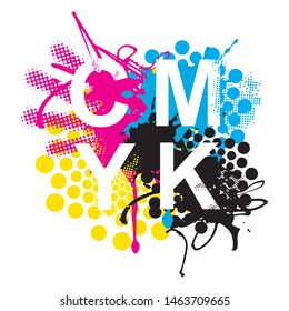 CMYK print colors expressive background. 
CMYK cyan magenta yellow black inks and sign CMYK on white background. Concept for presenting color printing. Vector available.