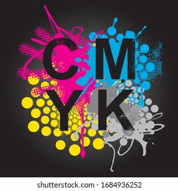 CMYK print colors expressive background. 
CMYK cyan magenta yellow black inks and sign CMYK on black background. Concept for presenting color printing. Vector available.