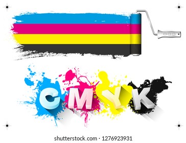 CMYK print design elements - paint roller, 3D letters, color splashes and print signs - isolated on white background. Vector illustration.