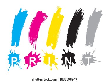 CMYK print, exclamation marks, splatters.
Illustration of four expressive exclamation marks with PRINT lettering. Concept for presenting of color printing. Vector available.