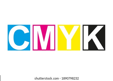 Icono de impresión de lápiz. Cuatro cuadrados en el símbolo de los colores de la cmyk. Cian, magenta, amarillo, llave, rayas negras aisladas en fondo blanco
