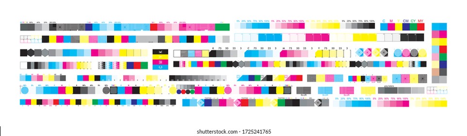 CMYK print test control scales. Vector set color bar CMYK and test chart offset. Print control strips color cmyk for prepress and print. svg
