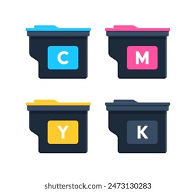 Cartuchos de impresora CMYK. Conjunto de iconos planos aislados sobre fondo blanco. Concepto de impresión en color para material digital e impreso. Perfecto para proyectos de Diseño gráfico