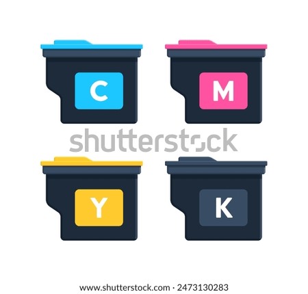 CMYK Printer cartridges. Flat icon set isolated on white background. Color printing concept for digital and print media. Perfect for graphic design projects