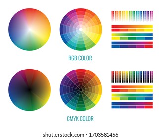 Cmyk Rgb Spectrum Rainbow Set With Isolated Round And Stripe Palettes For Color Selection Graphic Design Vector Illustration