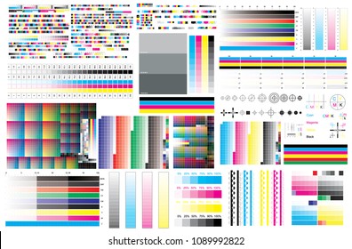 CMYK standard offset vector calibration printing marks, color bar CMYK and color test chart. Print control strips color cmyk,  registration marks, cross polygraphy for print and prepress ctp plate.
