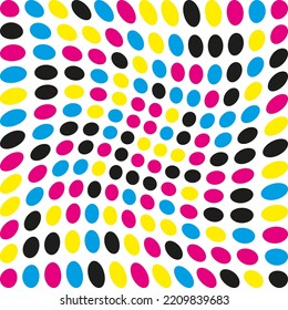 CMYK twisted large dot circles pattern. An arrangement of circular shapes distorted with a twist. Isolated on a white background.
