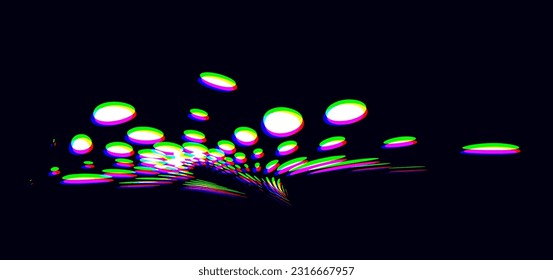 CMYK-shifted multi-sized peas flying in different directions on a dark background. The optical effect of blurring the image when moving away. For corner accent, edging. Vector.