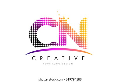 CN C N Dots Letter Logo Design with Magenta Bubble Circles and Swoosh