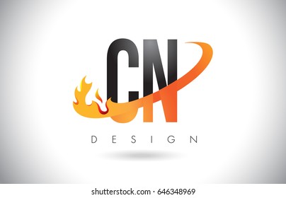 CN C N Letter Logo Design with Fire Flames and Orange Swoosh Vector Illustration.