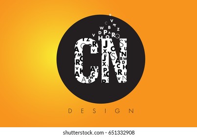 CN C N Logo Design Made of Small Letters with Black Circle and Yellow Background.