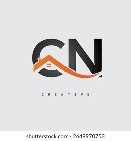 CN House Letter Logo – Monograma inmobiliario creativo con forma de techo e icono del hogar para la propiedad, la arquitectura y la identidad de marca moderna
