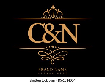 C&N Initial logo, Ampersand initial logo gold with crown and classic pattern