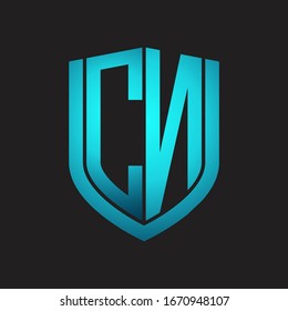 CN Logo monogram with emblem shield design isolated with blue colors on black background