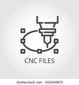 CNC files icon in line design. Computer numerical controlled machine for precise cutting, engraving and other work on hard materials. Graphic contour image. Vector illustration of laser cutting series