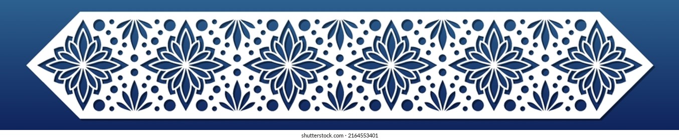 CNC laser cut bookmark with geometric ornament. Paper art, laser cutting stencil, decorative element, border background design. Vector illustration