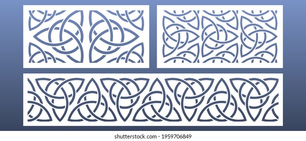 CNC laser cut panels with abstract geometric pattern.  Ornament with celtic  knots and motives, trinity symbol. Room screens, wall art, card background. Vector illustration