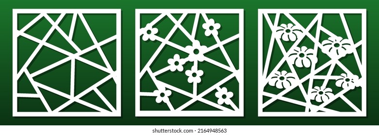 CNC laser cut panels, template for cutting . Geometric modern pattern with lines and flowers. Home interior decor, room privacy screens, balcony fence tiles. Paper art. Vector illustration