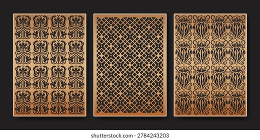 CNC laser cut patterns set with abstract geometric ornament design. Vector realistic illustration of decorative wood panel or metal stencils with floral motifs, patterns for modern border elements