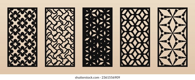 CNC, laser cut vector patterns. Modern abstract geometric panels with floral grid, mesh, weave, lattice. Decorative template for laser cutting of metal, wood, cardboard, plastic. Aspect ratio 1:2