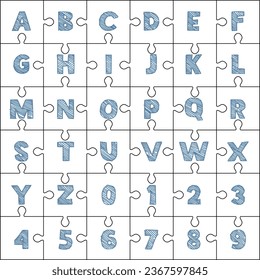 Cnc. laser cutting Alphabet And Numbers Puzzle. No glue. Vector illustration.