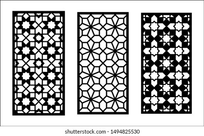 Cnc laser pattern. Set of decorative vector panels for laser cutting. Cnc template for interior partition in arabesque style. Ratio 1:2