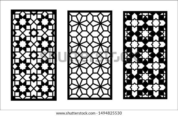 Cnc laser pattern. Set of decorative vector panels\
for laser cutting. Cnc template for interior partition in arabesque\
style. Ratio 1:2