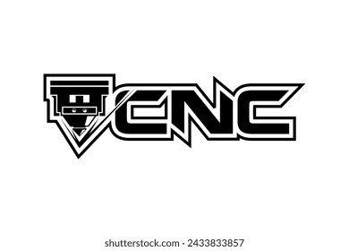 CNC lathe Computer Numerical Control logo design, metal work industry fabrication factory plant illustration.