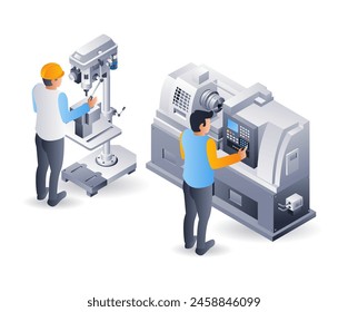 CNC-Drehmaschine und Bohrmaschinenbediener, flache isometrische 3D-Illustration Infografik