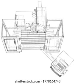 CNC Lathe machine illustration vector. Wire-frame line isolated. Vector rendering of 3d.