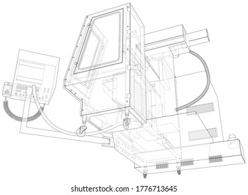 CNC lathe machine in outline style. Wire-frame line isolated. Vector rendering of 3d.