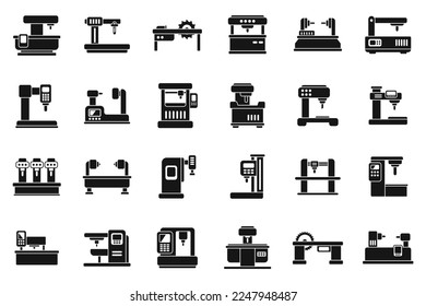 Cnc machine icons set simple vector. Mill controller. Router tool